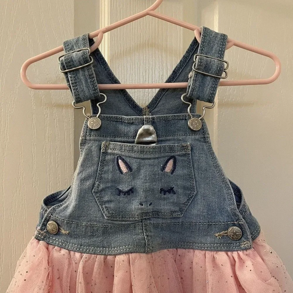 Oshkosh B'gosh Unicorn Overall Dress Pink Tulle Vestbak Denim Girls SZ 12 Months